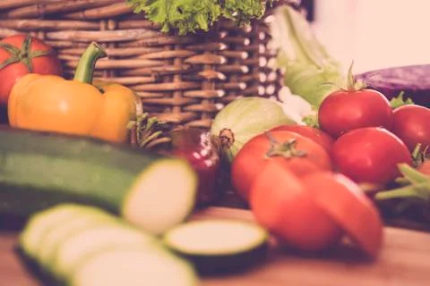 Close up point of view table full of fresh vegetables for vegetarian diet and Fotos de archivo