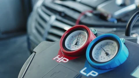 Close up of pointer indicators of AC service station equipment for recharging Stock Footage 281582010