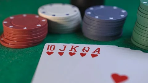 Close up of poker chips and playing cards with smooth rotation motion Stock Footage 281446196