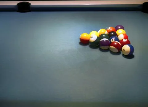 Close up of pool billiards balls on pool table with setup position and copy.. Stock Photos