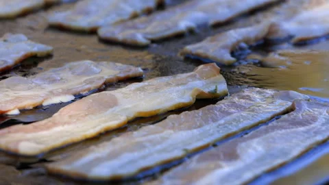 Close-up: Pork bacon strips cook on large outdoor griddle, sizzle Stock Footage 302188857