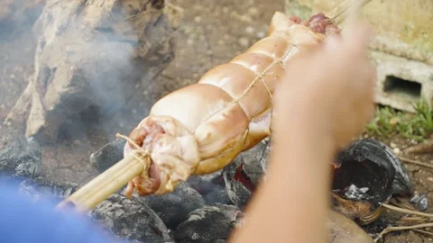 Close Up of Pork Belly Slowly Rotating Over Charcoal Grill Stock Footage 342030566