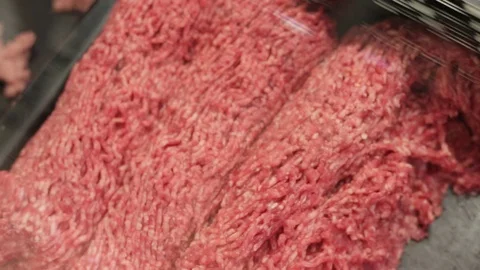 Close-up of pork or beef mince on the counter in the store. Stock Footage 112854543