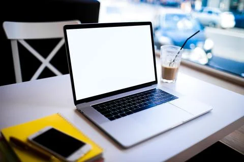 Close up portable pc laptop computer with empty copy space screen background  Stock Photos