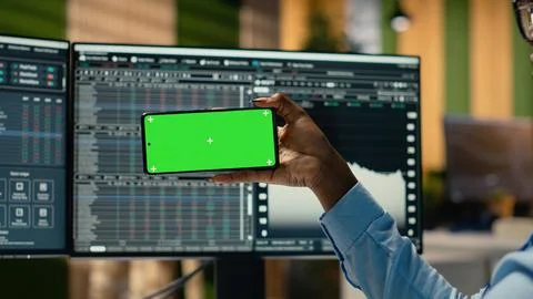 Close up of portfolio manager using mockup smartphone 스톡 사진