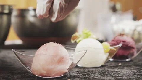 Close-up of a portion of wine ice cream in a transparent bowl. Catering. Stock Footage 137644910