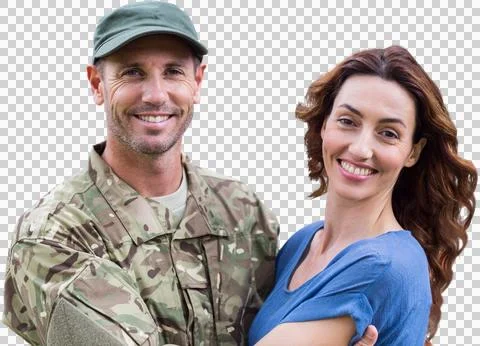 Close-up portrait of army man holding wife Stock Photos