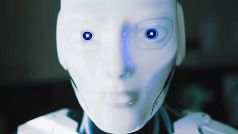 Close-up Portrait of Artificial Cybernetic Robot White Cyborg Rising Head Stock Footage 150251793