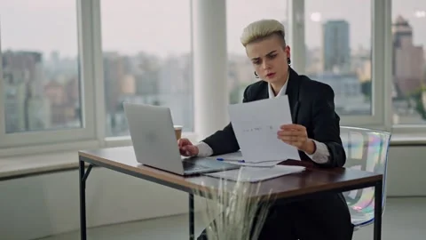 Close up Portrait of Beautiful Authentic LGBT woman in Modern Office with Stock Footage 246748587