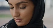 Close Up Portrait Beautiful Young Muslim Woman Turns Head Looking Confident Calm Stock Footage