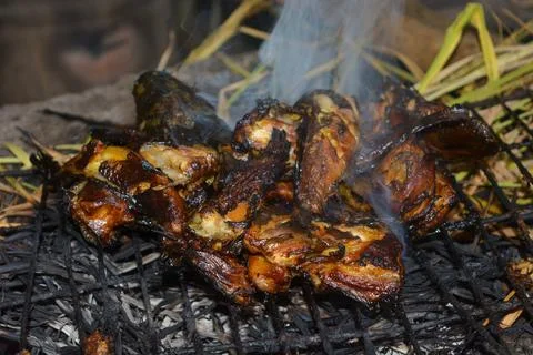 Close up portrait of burning catfish. It looks so delicious. Stock Photos