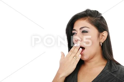 Close-up portrait of a business woman yawn, isolated on white background Stock Photos