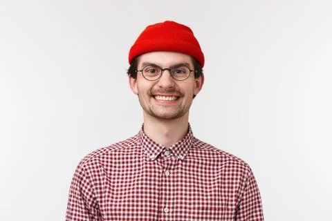 Close-up portrait cheerful funny young man with beard and moustache, smiling Stock Photos