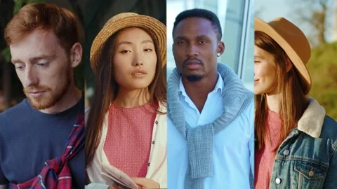 Close up portrait collage of different multiethnic males and females in city Stock Footage 147418687