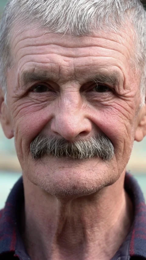 Close-up portrait of an elderly man with a gray mustache looking at the camera.  Stock Footage 344993375