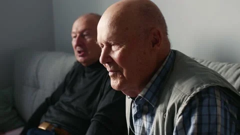 Close up portrait of elderly smiling man sitting on sofa at home. Stock Footage 146403908