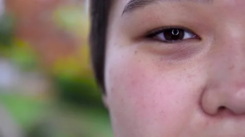 Close-up portrait of eye of young smiling asian woman  Stock Footage 142147007