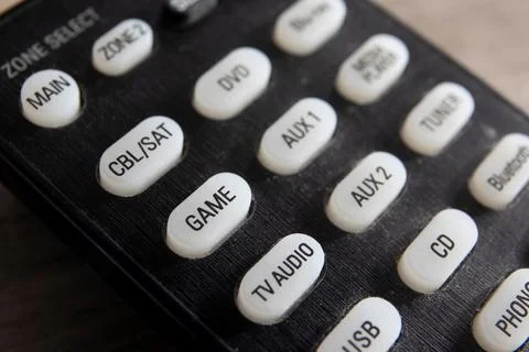A close up portrait of the game channel button of a television remote control Stock Photos