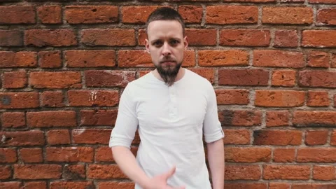 Close up portrait of handsome bearded man near brick wall. Looking at camera Stock Footage 132312823