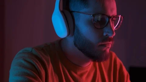 Close up portrait handsome man DJ playing music at home recording studio Video stock 126845257
