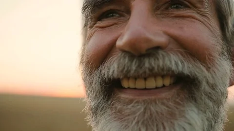 Close up portrait of happy fermer with beard smiling on camera in the golden Stock Footage 78816535