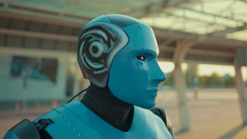 Close up portrait humanoid robot look at camera glowing eyes on street in the Stock Footage 133303736