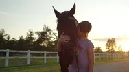 Close Up: Portrait Of A Kid Kissing And Embracing Her Horse At Golden Sunset Stock Footage