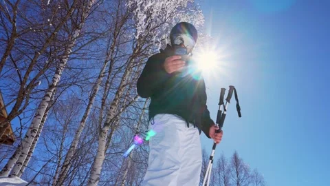 Close up portrait male skier using smartphone type, typing friends, smart t.. Stock Footage 342112676