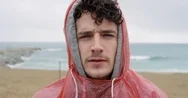 Close Up Portrait Of Man Serious Face Wet Hair Blowing In Wind In Rainy Weather Stock Footage