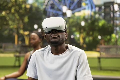 Close-up portrait of man with virtual reality glasses during outdoor wellness Stock Photos