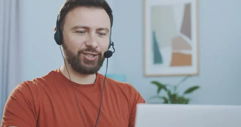 Close up portrait of manager having distance webcam chat job interview on Video stock 131330524