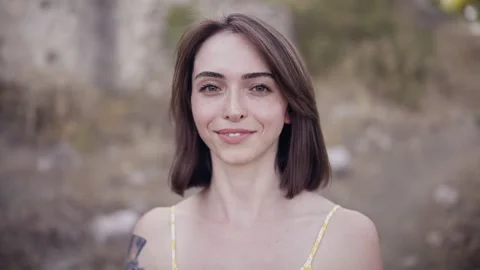 Close-up portrait of nice-looking multi-race beautiful elegant young white woman Stock Footage 247588414