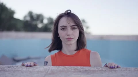 Close-up portrait of nice-looking multi-race beautiful elegant young white woman Stock Footage 247631136