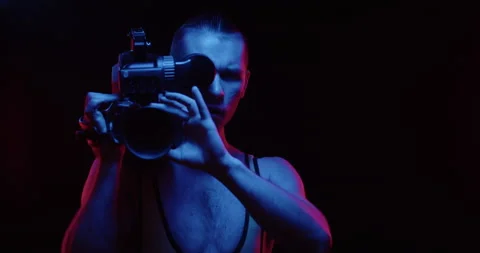 Close up portrait of retro wave 80s fashion brutal men hipster takes off his Stock Footage 156447845