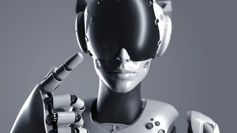 A close-up portrait of a robot making a gesture to come closer Stock Footage 248784855