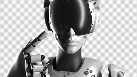 A close-up portrait of a robot making a gesture to come closer. has an alpha  Stock Footage 249481924