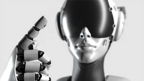 A close-up portrait of a robot with a parallax effect, making a gesture to ge Stock Footage 249481724