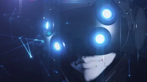 A close-up portrait of the robot, the robot turns its head looking at the vie Stock Footage 268002768
