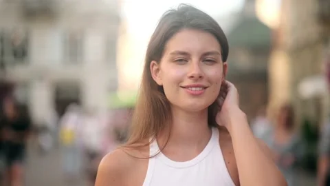 Close-up portrait of smiling Dark Haired girl looking at. Gorgeous fashion model Stock Footage 158760688