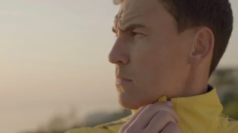 Close-up portrait сonfident strong man looking away. Athlete serious focused Video stock 124801681