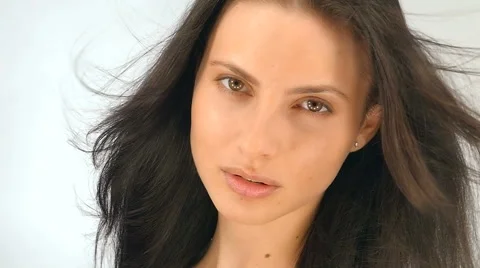 Close-up portrait in the studio, the wind blows on the hair,  slow motion,100fps Stock Footage 62805849