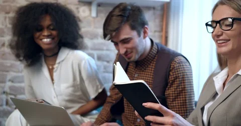 Close Up Portrait Three Multirace Colleagues Having Fun Laughing Working Laptop Stock Footage 84039182