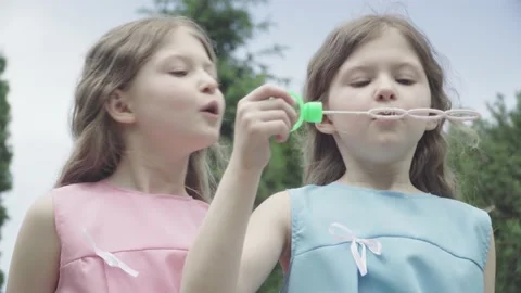 Close-up portrait of two identical twin sisters blowing soap bubbles outdoors on Stock Footage 133319180