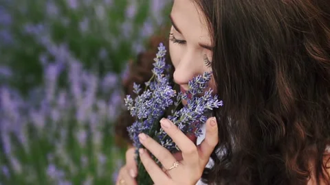 Close-up portrait of a white girl sniffing lavender flowers in a summer bright Stock Footage 178040341