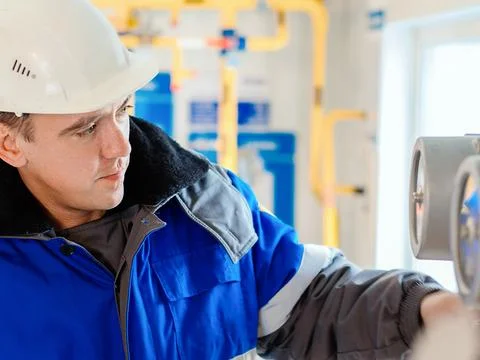 Close-up portrait of worker in hard hat and winter overalls. Authentic workflow. Stockfoto's