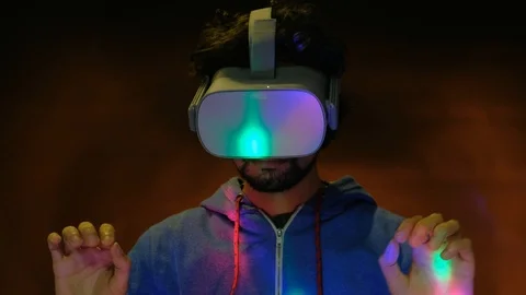 Close-up portrait of young bearded man in virtual reality glasses. Stock Footage 101431896