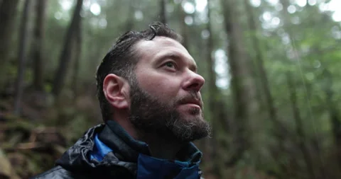 Close-up portrait of a young bearded man sitting in nature Stock Footage 244138161