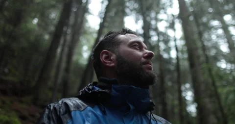 Close-up portrait of a young bearded man sitting in nature Stock Footage 244138977