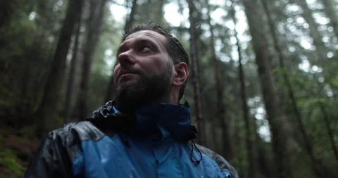 Close-up portrait of a young bearded man sitting in nature Stock Footage 244139198