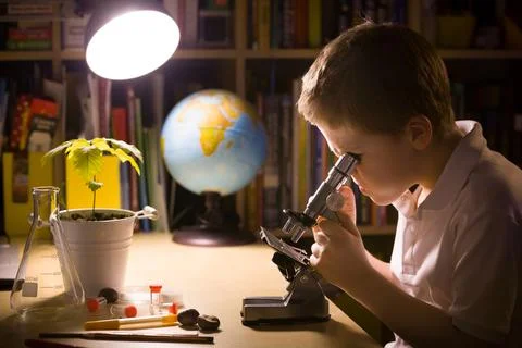 Close-up portrait of young student working with microscope in his room. Child Stock Photos